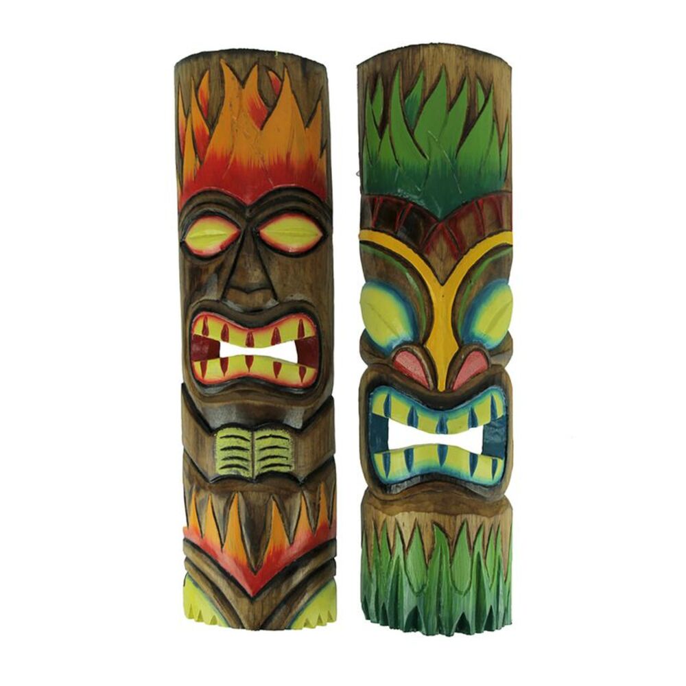 Fire and Earth Hand Crafted Wooden Tiki Totem Wall Masks 20 Inch Set of 2